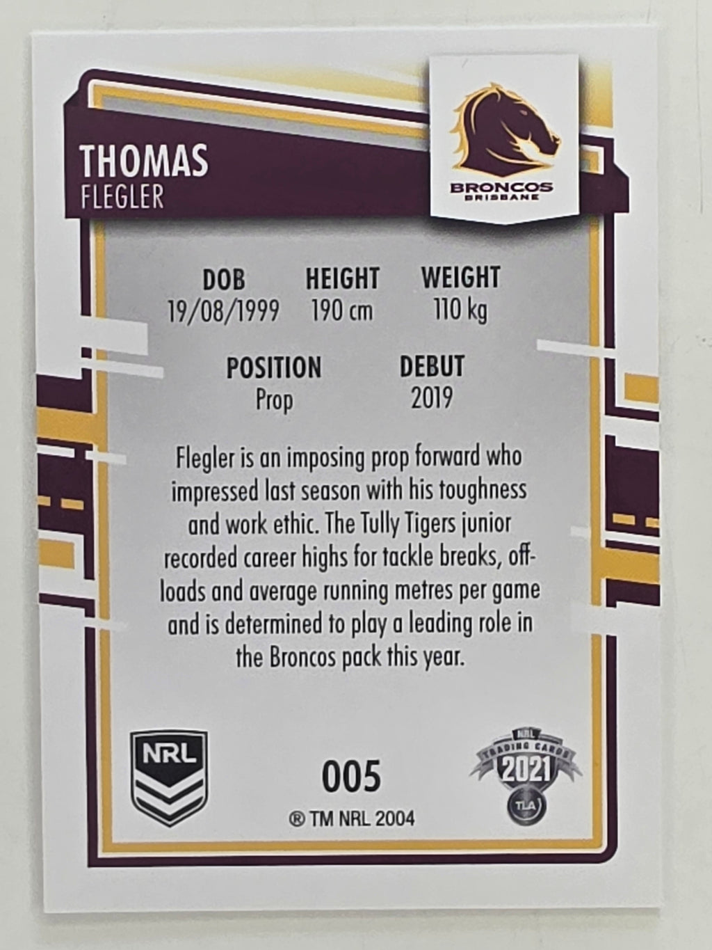 NRL 2021 Elite Base Card #005 Thomas Flegler Brisbane Broncos