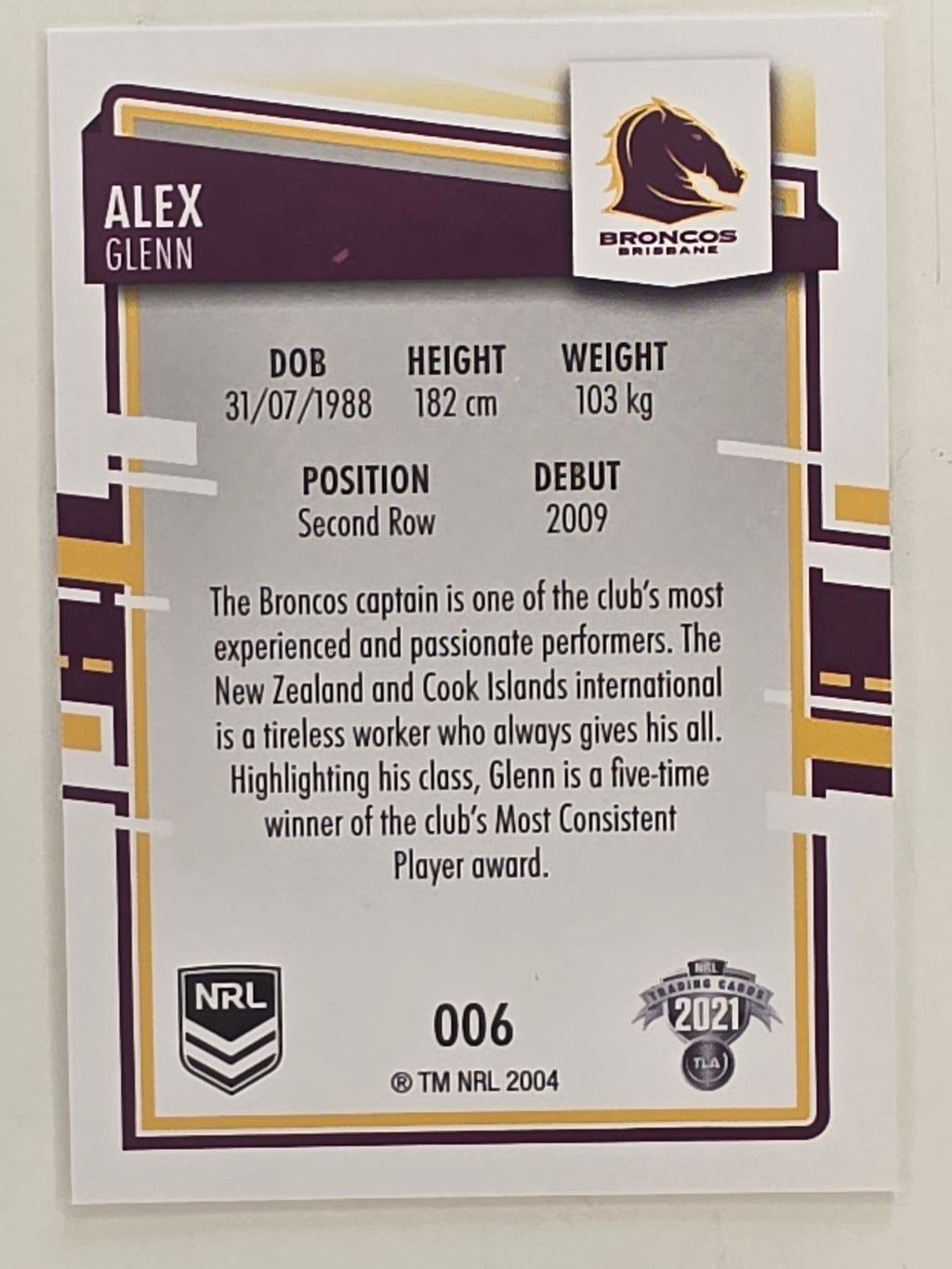 NRL 2021 Elite Base Card #006 Alex Glenn Brisbane Broncos