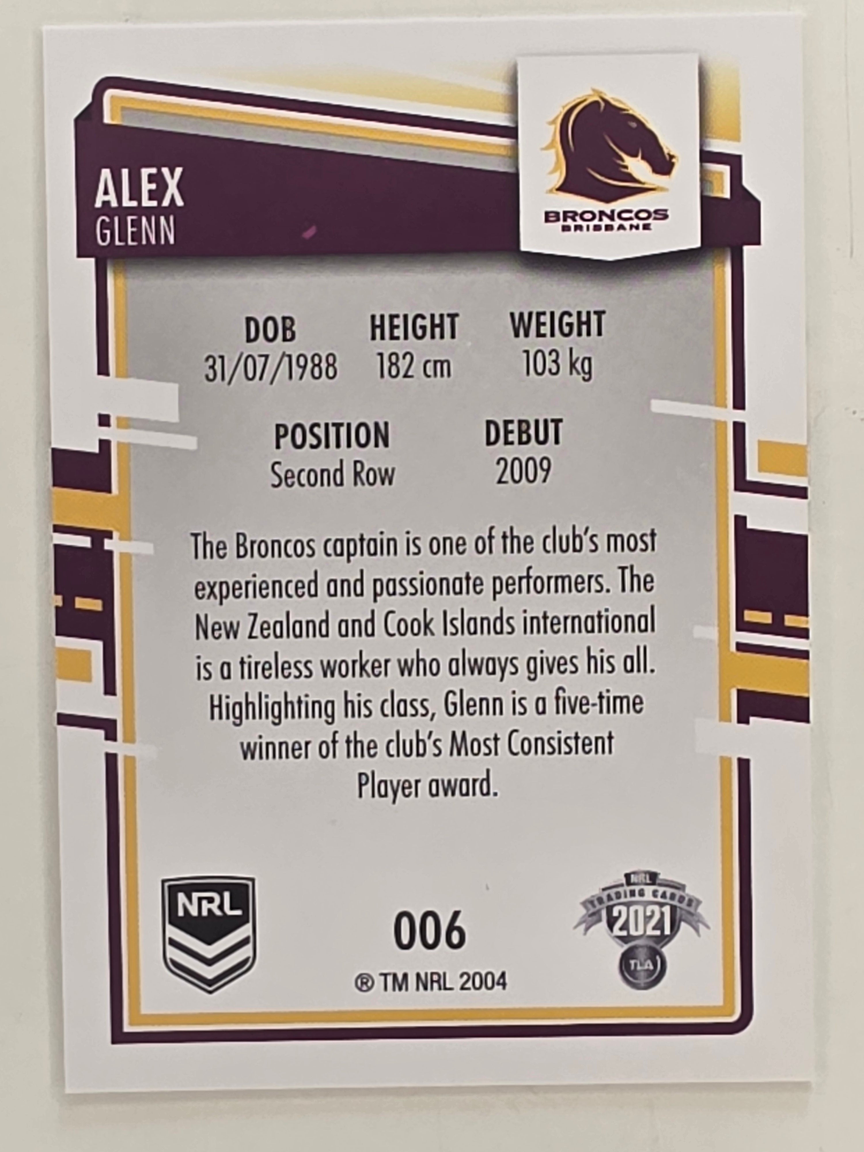 NRL 2021 Elite Base Card #006 Alex Glenn Brisbane Broncos