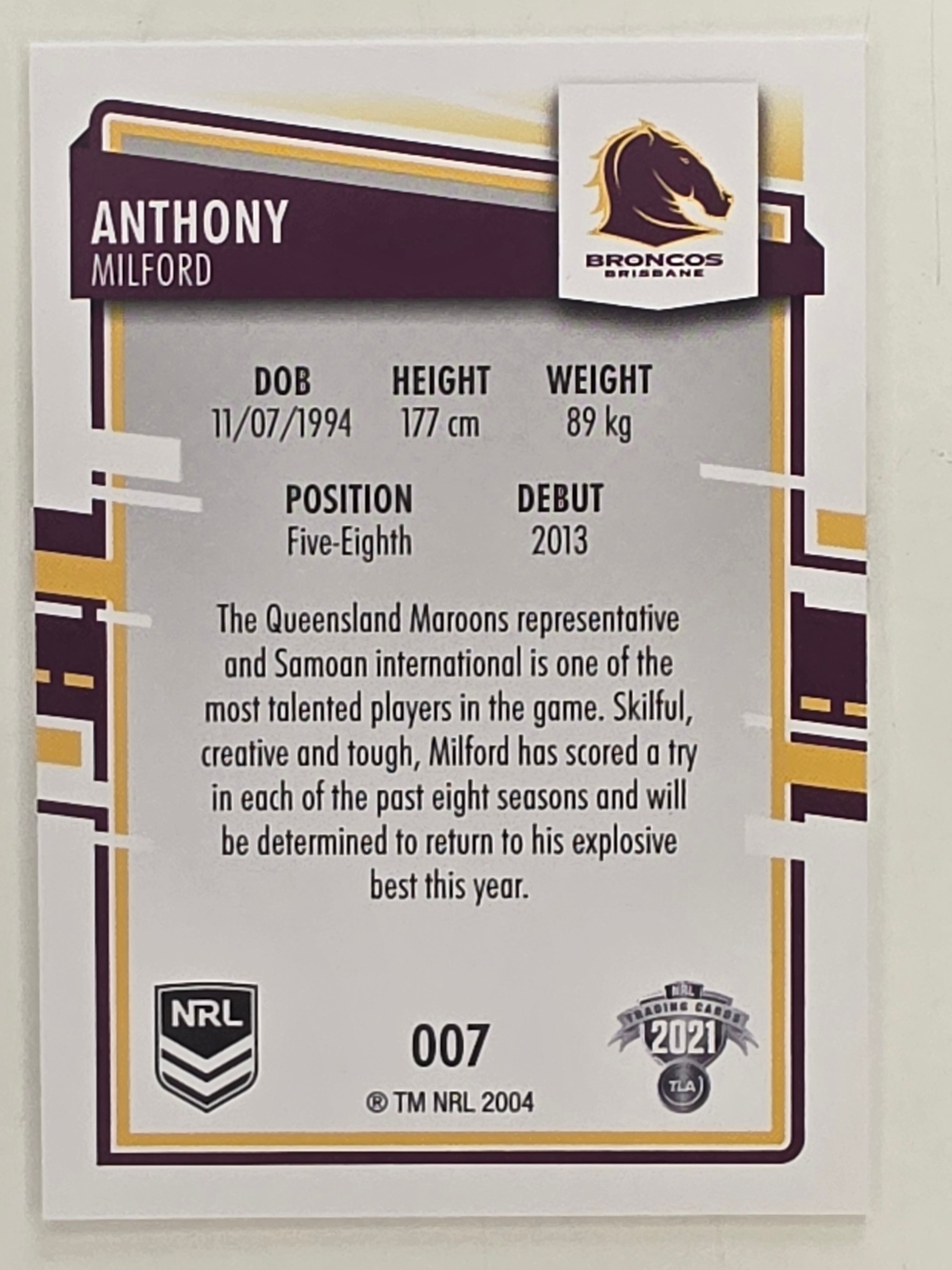 NRL 2021 Elite Base Card #007 Anthony Milford Brisbane Broncos