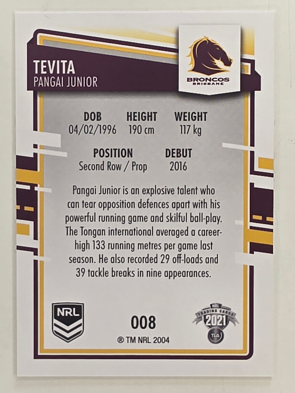 NRL 2021 Elite Base Card #008 Tevita Pangai Jnr Brisbane Broncos