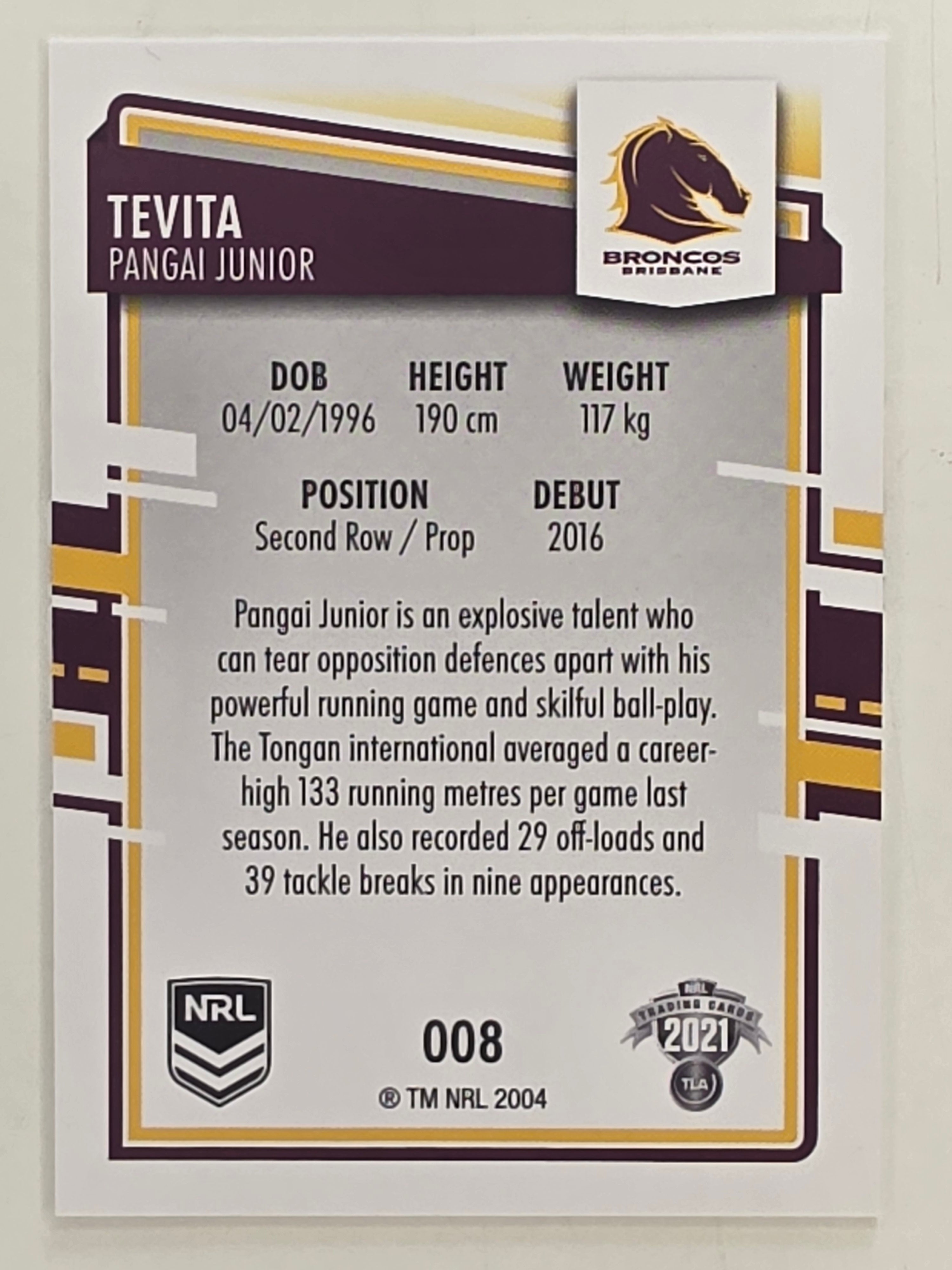NRL 2021 Elite Base Card #008 Tevita Pangai Jnr Brisbane Broncos
