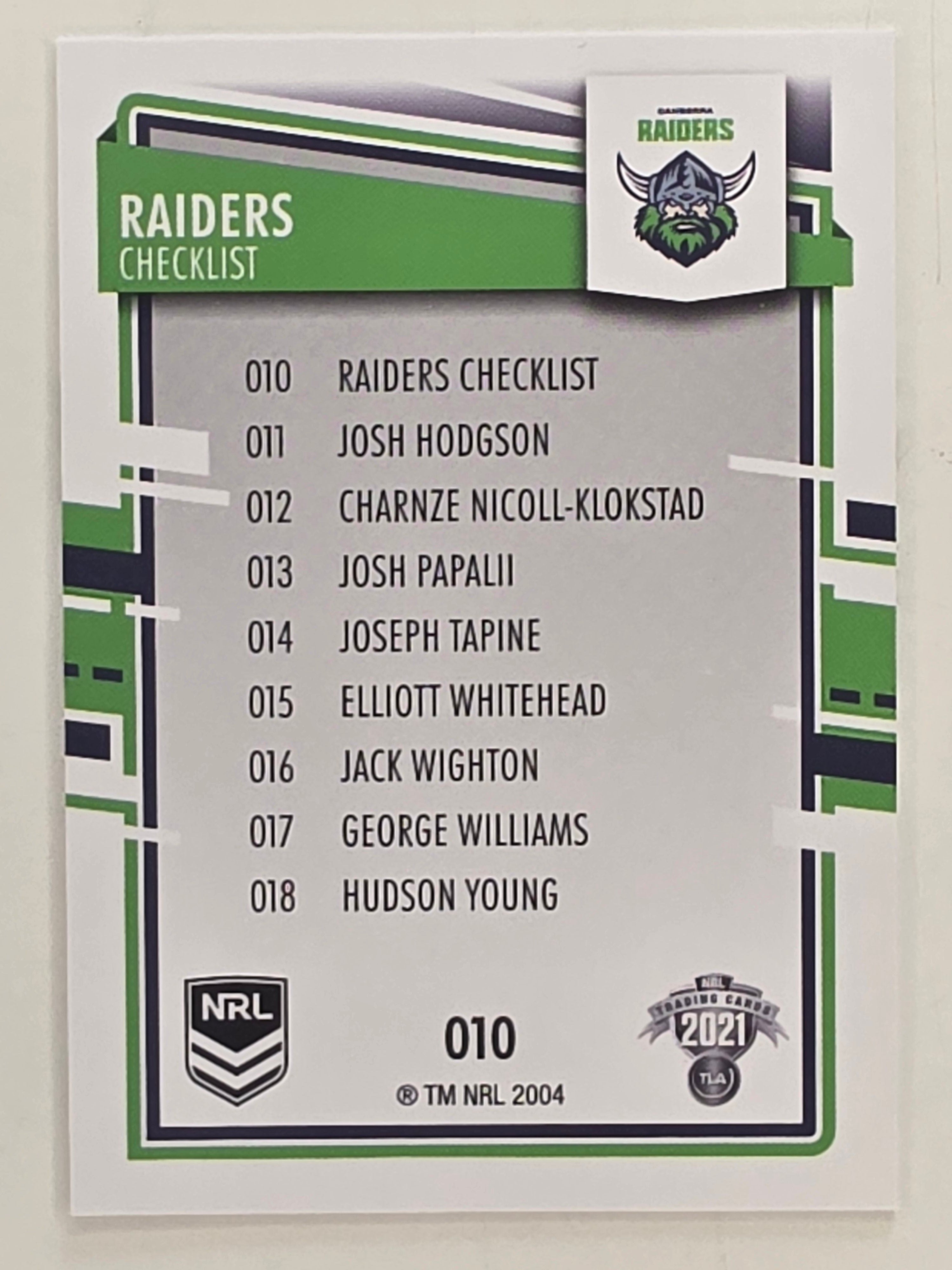 NRL 2021 Elite Base Card #010 Raiders Checklist Canberra Raiders