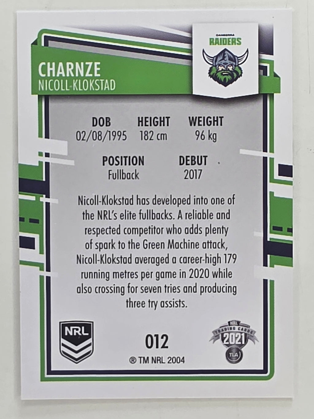 NRL 2021 Elite Base Card #012 Charnze Nicoll-Klokstad Canberra Raiders