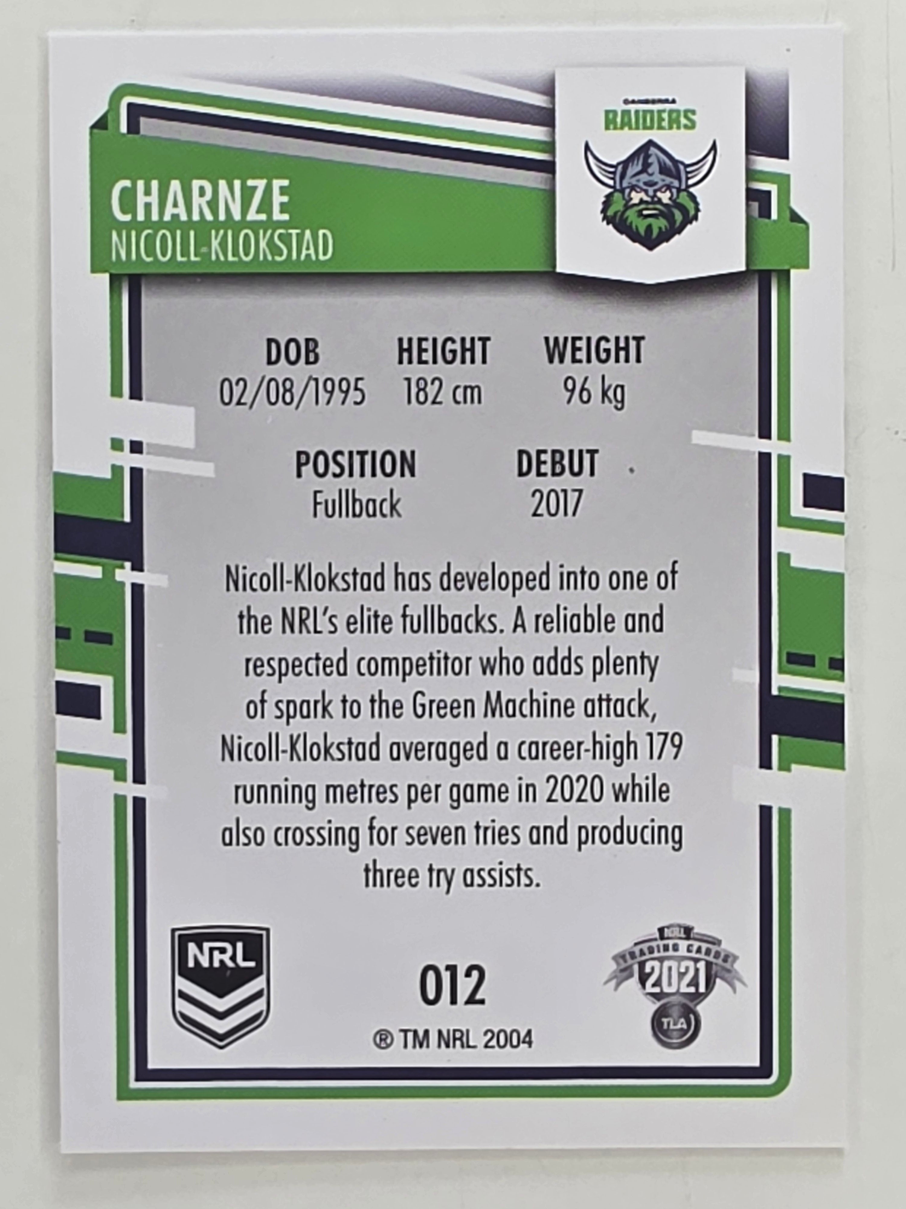 NRL 2021 Elite Base Card #012 Charnze Nicoll-Klokstad Canberra Raiders