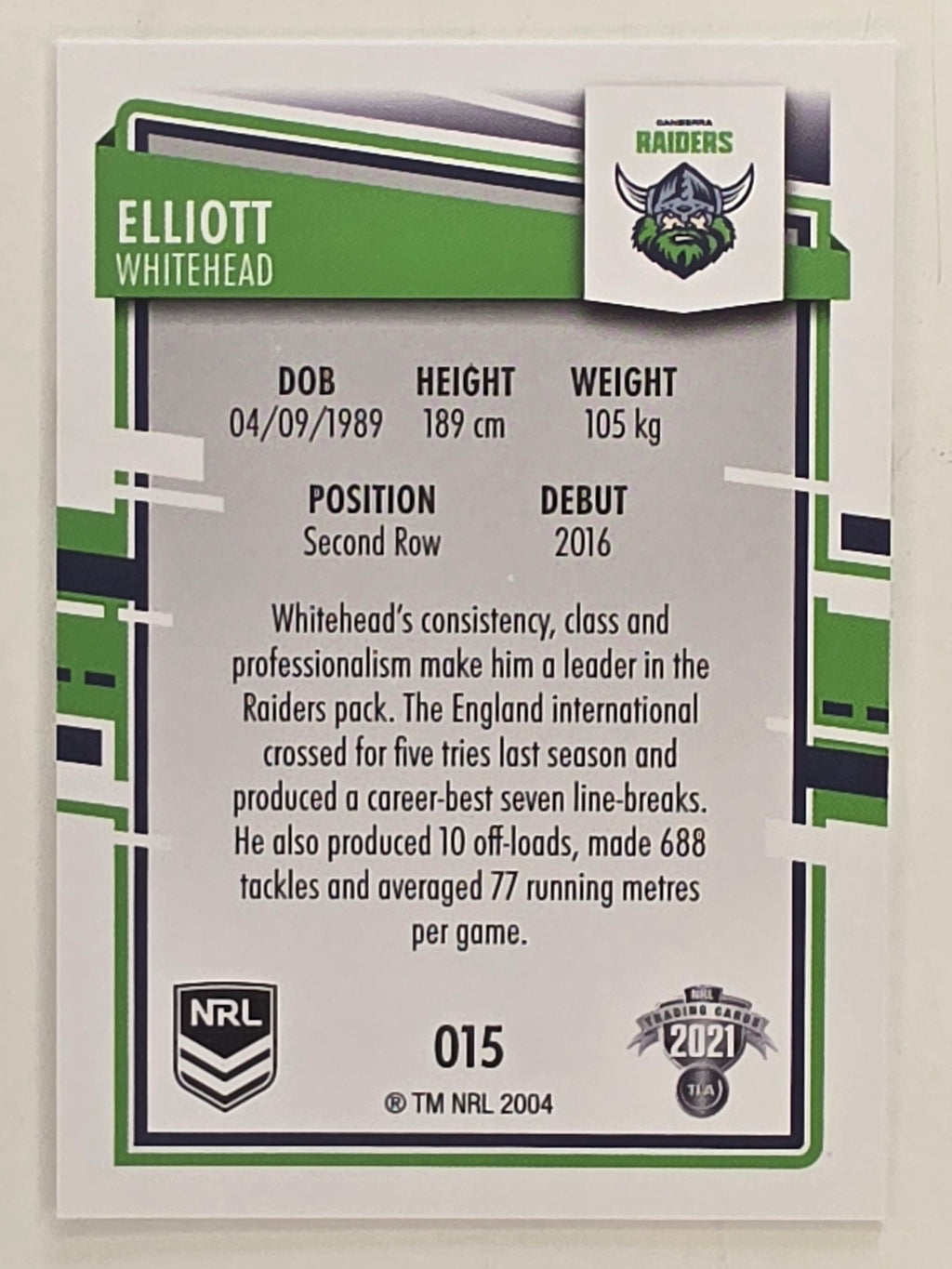 NRL 2021 Elite Base Card #015 Elliott Whitehead Canberra Raiders