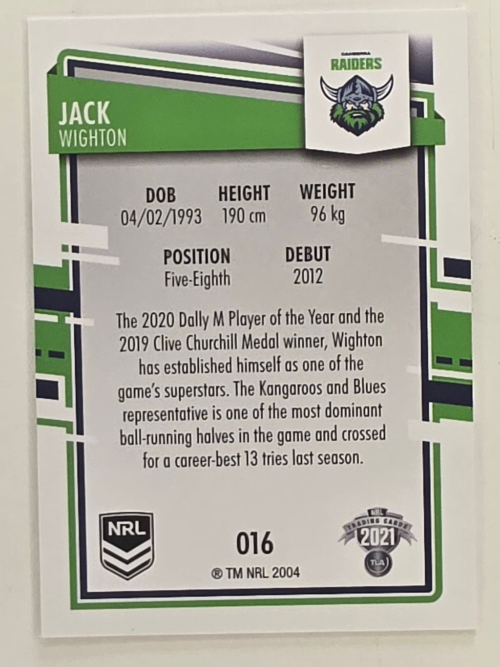 NRL 2021 Elite Base Card #016 Jack Wighton Canberra Raiders