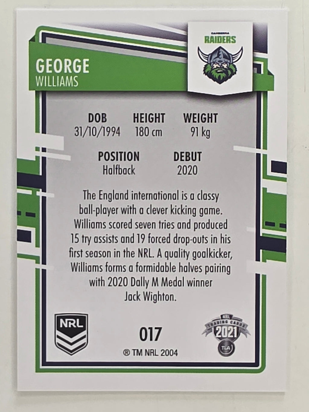 NRL 2021 Elite Base Card #017 George Williams Canberra Raiders