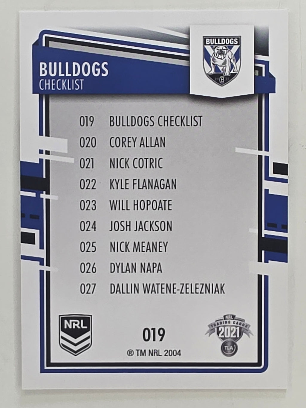 NRL 2021 Elite Base Card #019 Bulldogs Checklist Canterbury Bankstown Bulldogs