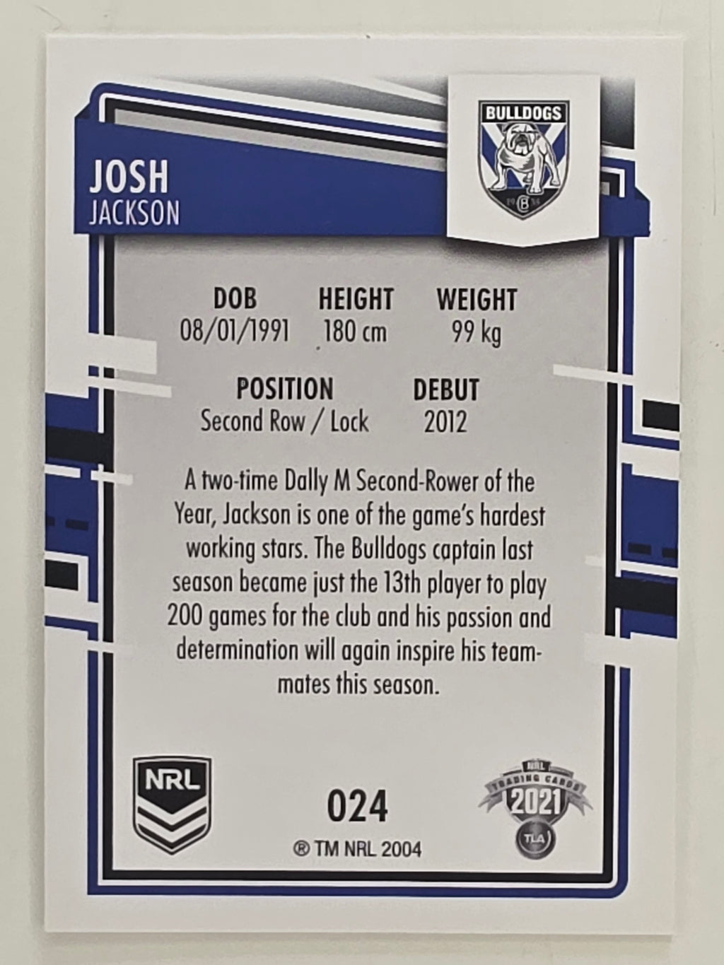 NRL 2021 Elite Base Card #024 Josh Jackson Canterbury Bankstown Bulldogs
