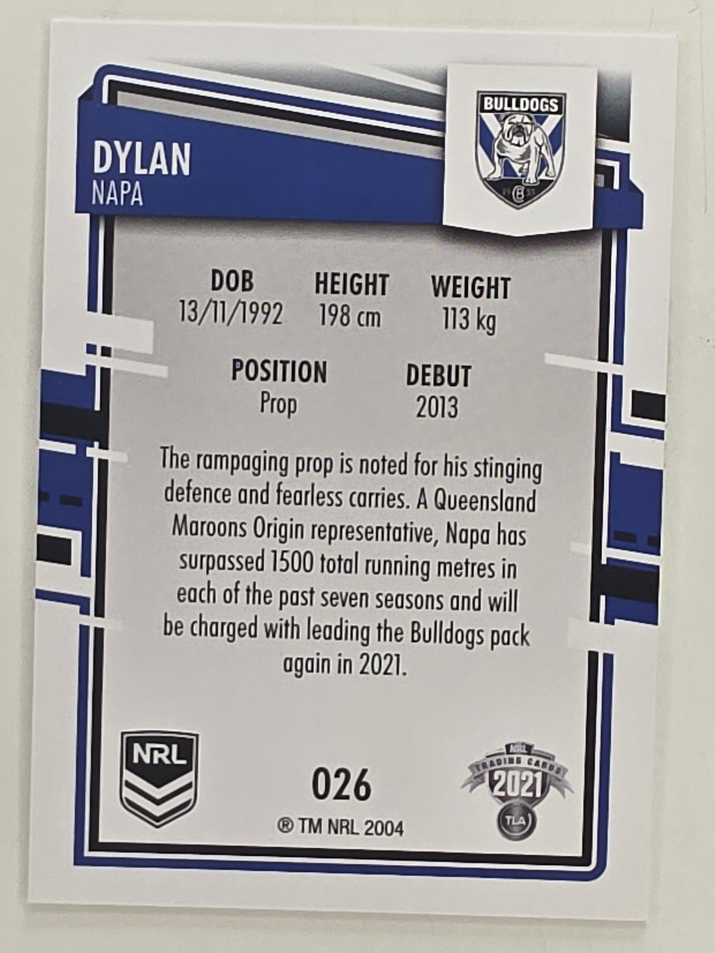 NRL 2021 Elite Base Card #026 Dylan Napa Canterbury Bankstown Bulldogs