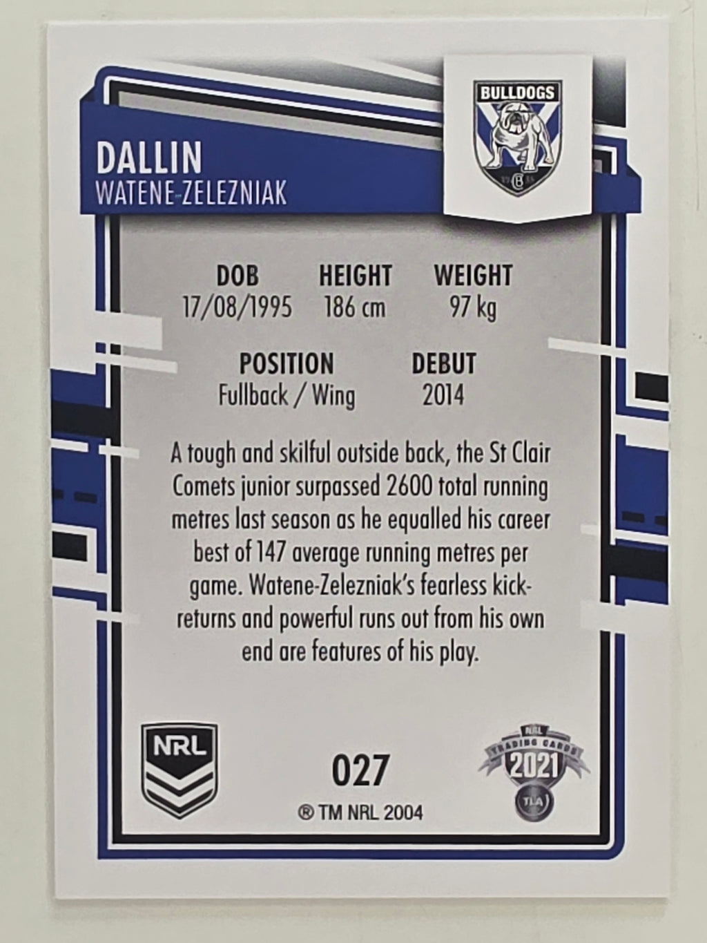 NRL 2021 Elite Base Card #027 Dallin Watene-Zelezniak Canterbury Bankstown Bulldogs