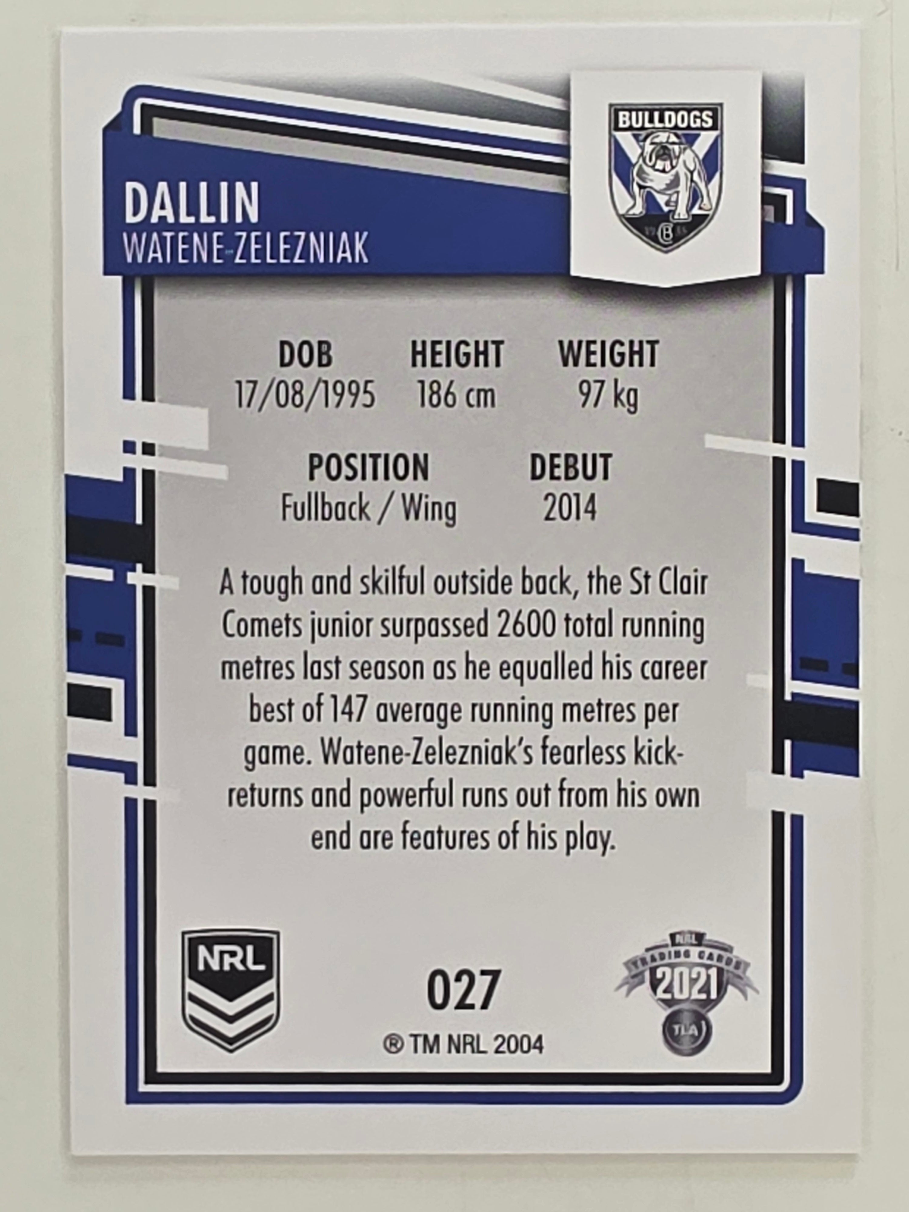 NRL 2021 Elite Base Card #027 Dallin Watene-Zelezniak Canterbury Bankstown Bulldogs