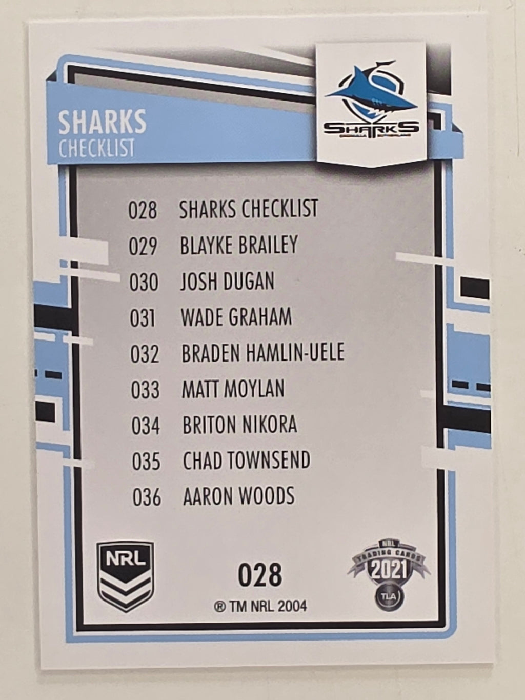 NRL 2021 Elite Base Card #028 Sharks Checklist Cronulla Sutherland Sharks