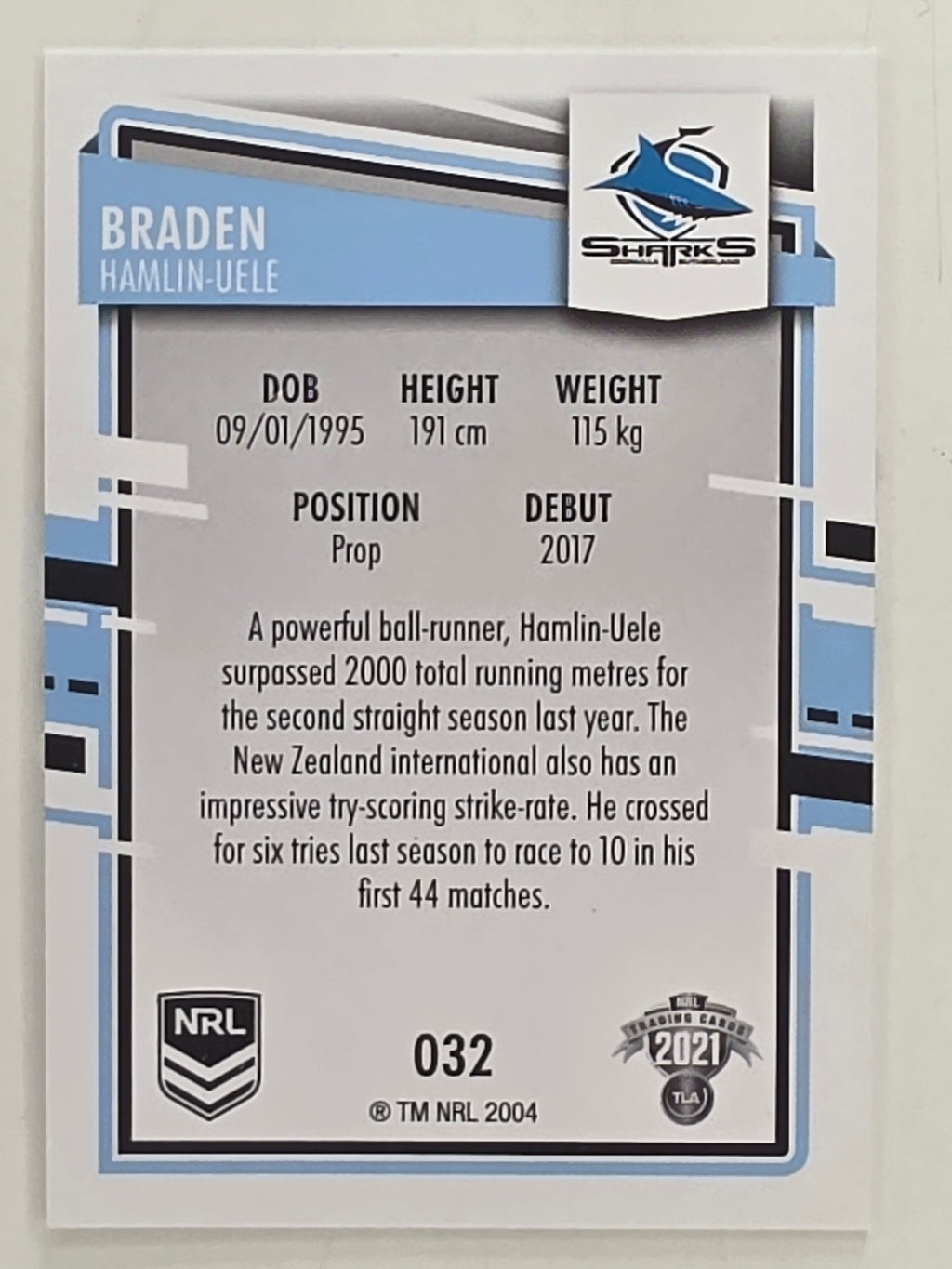 NRL 2021 Elite Base Card #032 Braden Hamlin-Uele Cronulla Sutherland Sharks