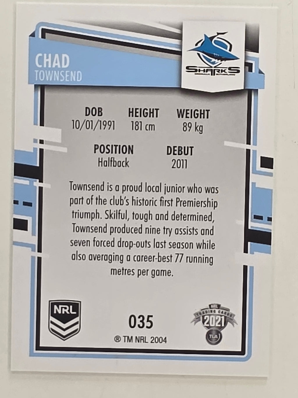 NRL 2021 Elite Base Card #035 Chad Townsend Cronulla Sutherland Sharks