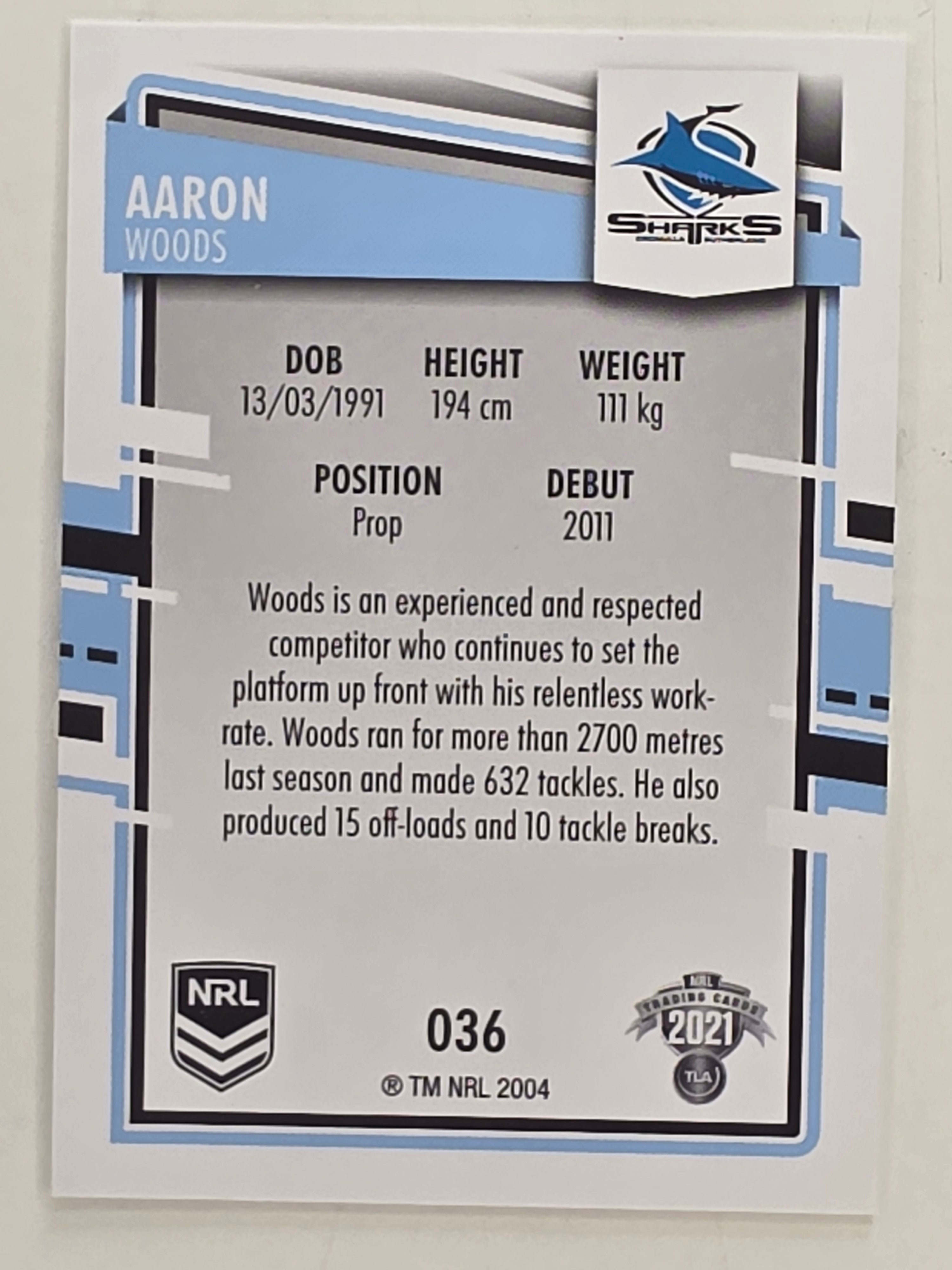 NRL 2021 Elite Base Card #036 Aaron Woods Cronulla Sutherland Sharks