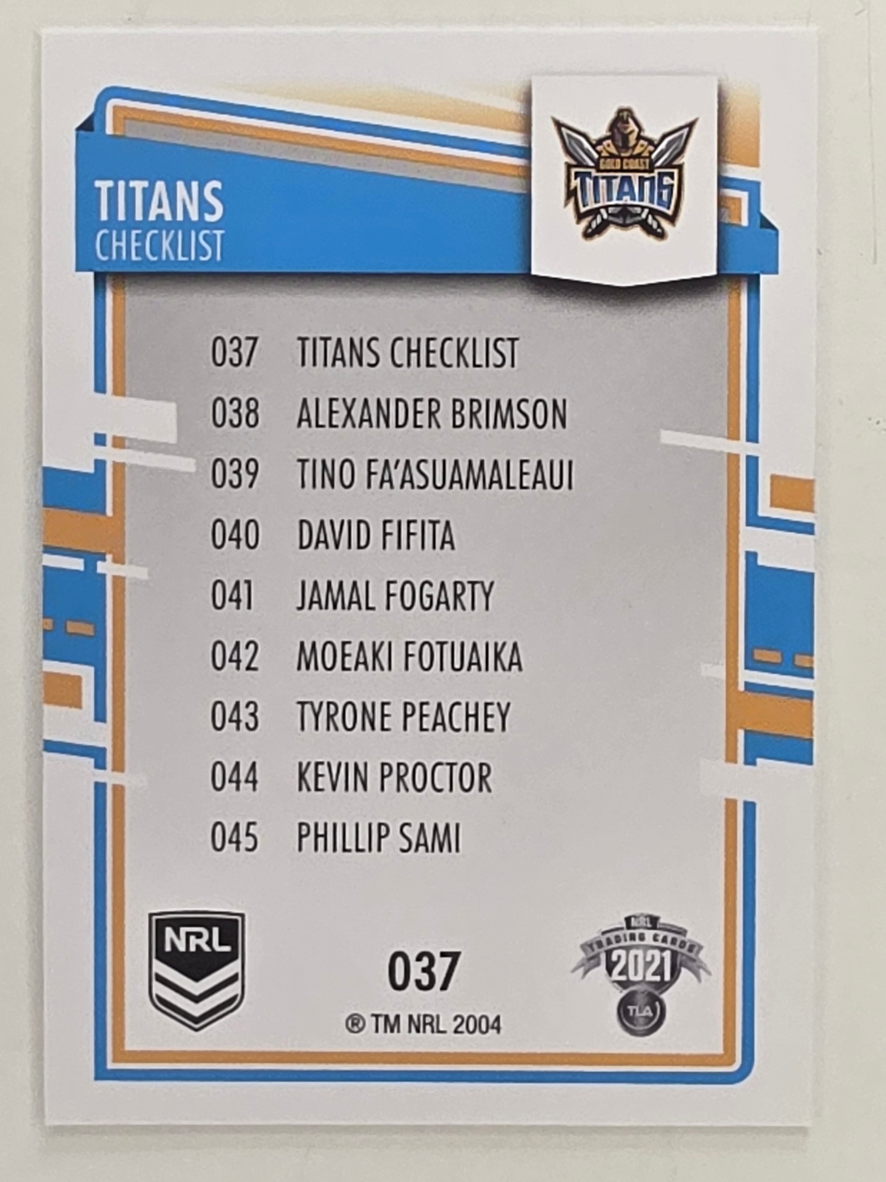 NRL 2021 Elite Base Card #037 Titans Checklist Gold Coast Titans