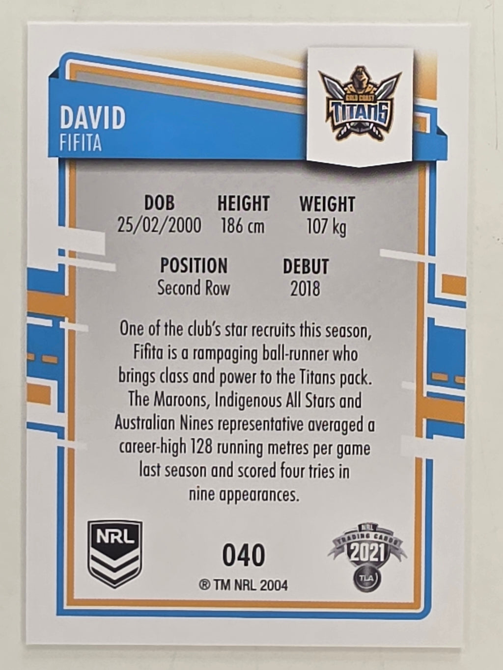 NRL 2021 Elite Base Card #040 David Fifita Gold Coast Titans