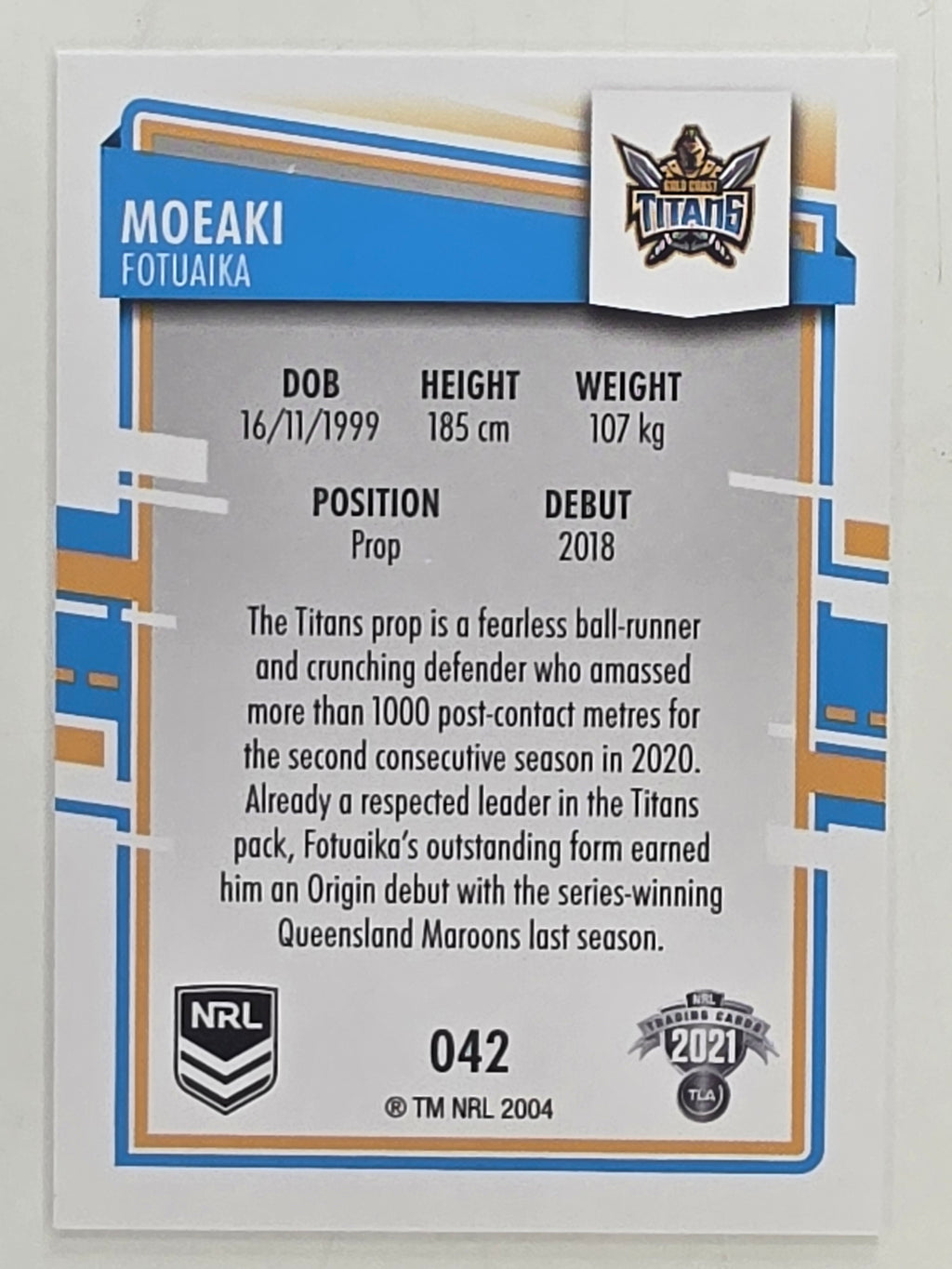 NRL 2021 Elite Base Card #042 Moeaki Fotuaika Gold Coast Titans