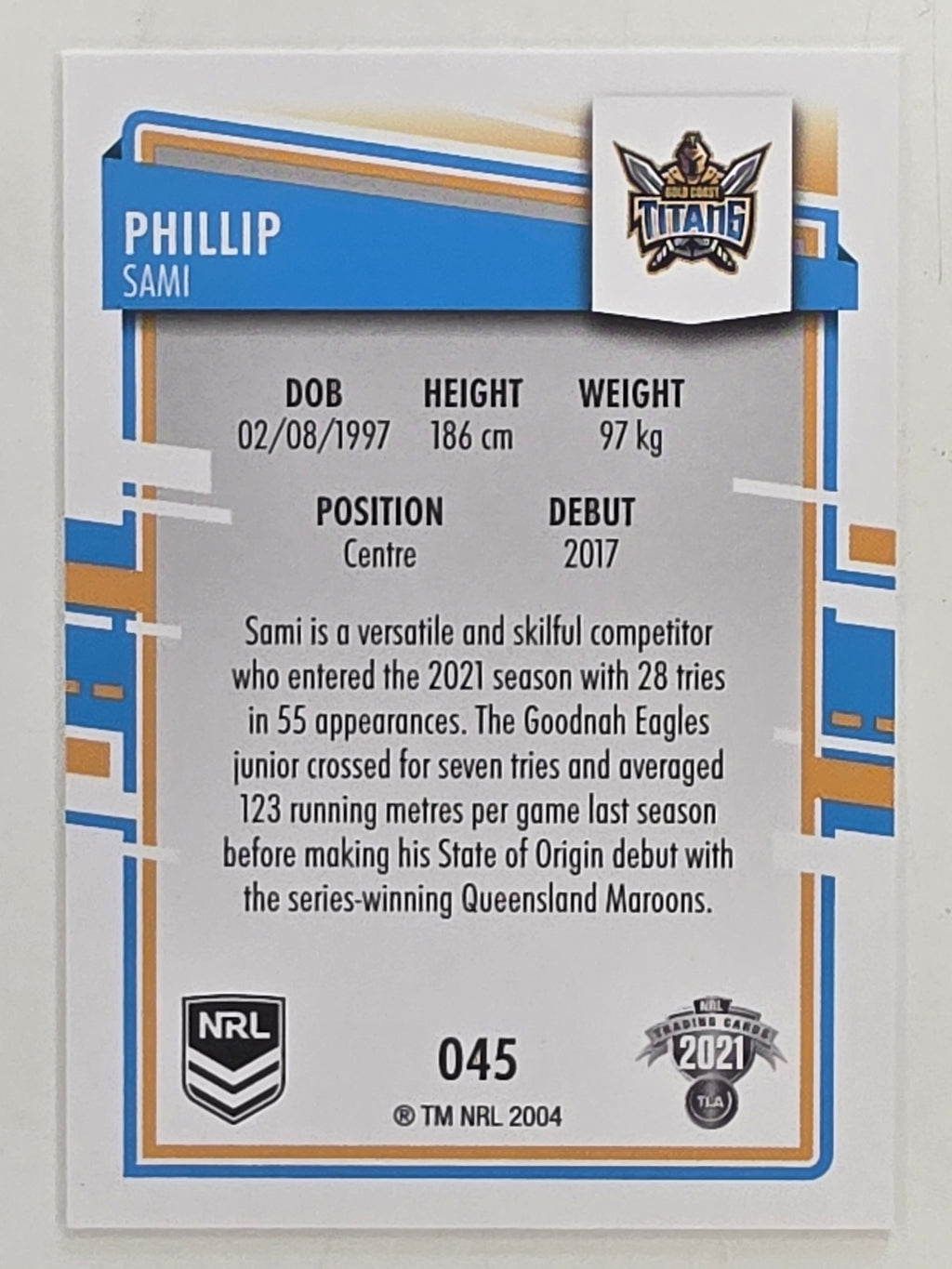 NRL 2021 Elite Base Card #045 Phillip Sami Gold Coast Titans