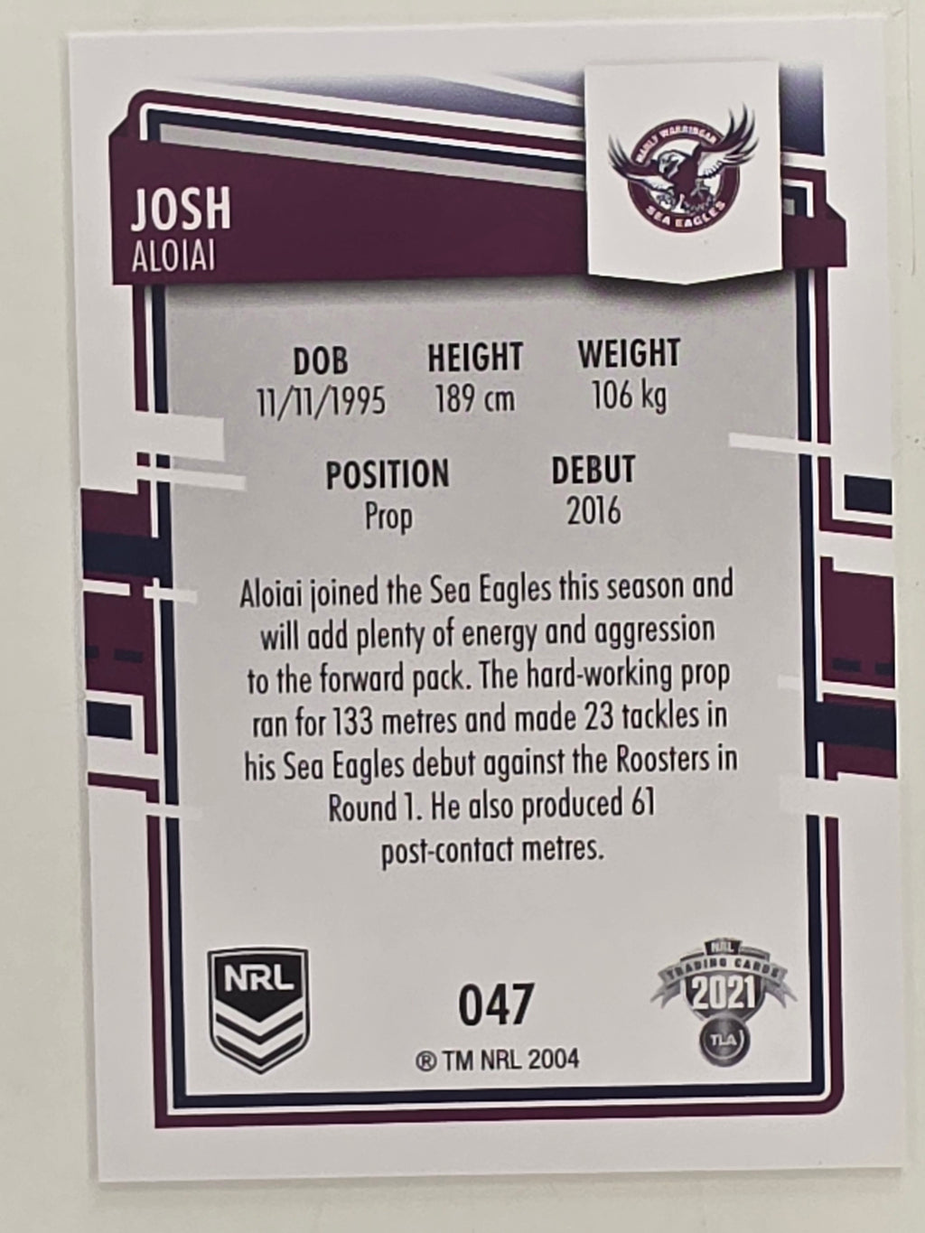 NRL 2021 Elite Base Card #047 Josh Aloiai Manly Warringah Sea Eagles