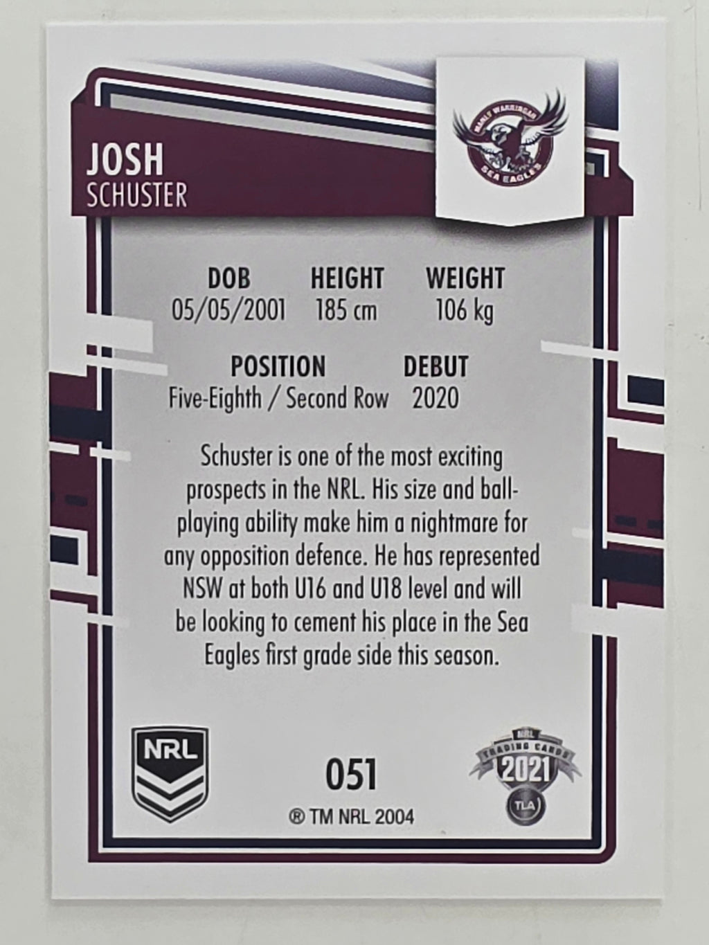 NRL 2021 Elite Base Card #051 Josh Schuster Manly Warringah Sea Eagles