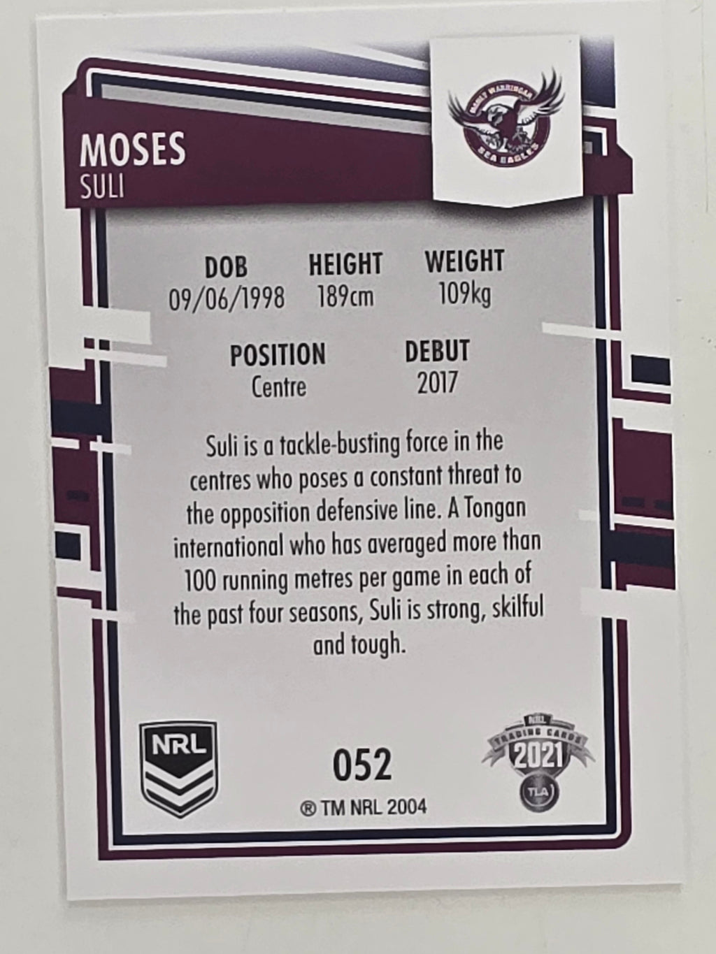 NRL 2021 Elite Base Card #052 Moses Suli Manly Warringah Sea Eagles