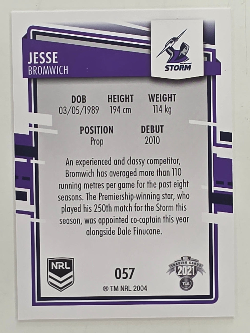 NRL 2021 Elite Base Card #057 Jesse Bromwich Melbourne Storm