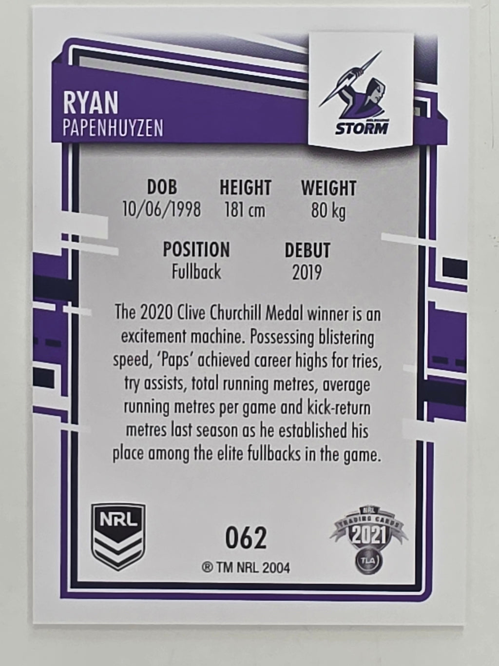 NRL 2021 Elite Base Card #062 Ryan Papenhuyzen Melbourne Storm