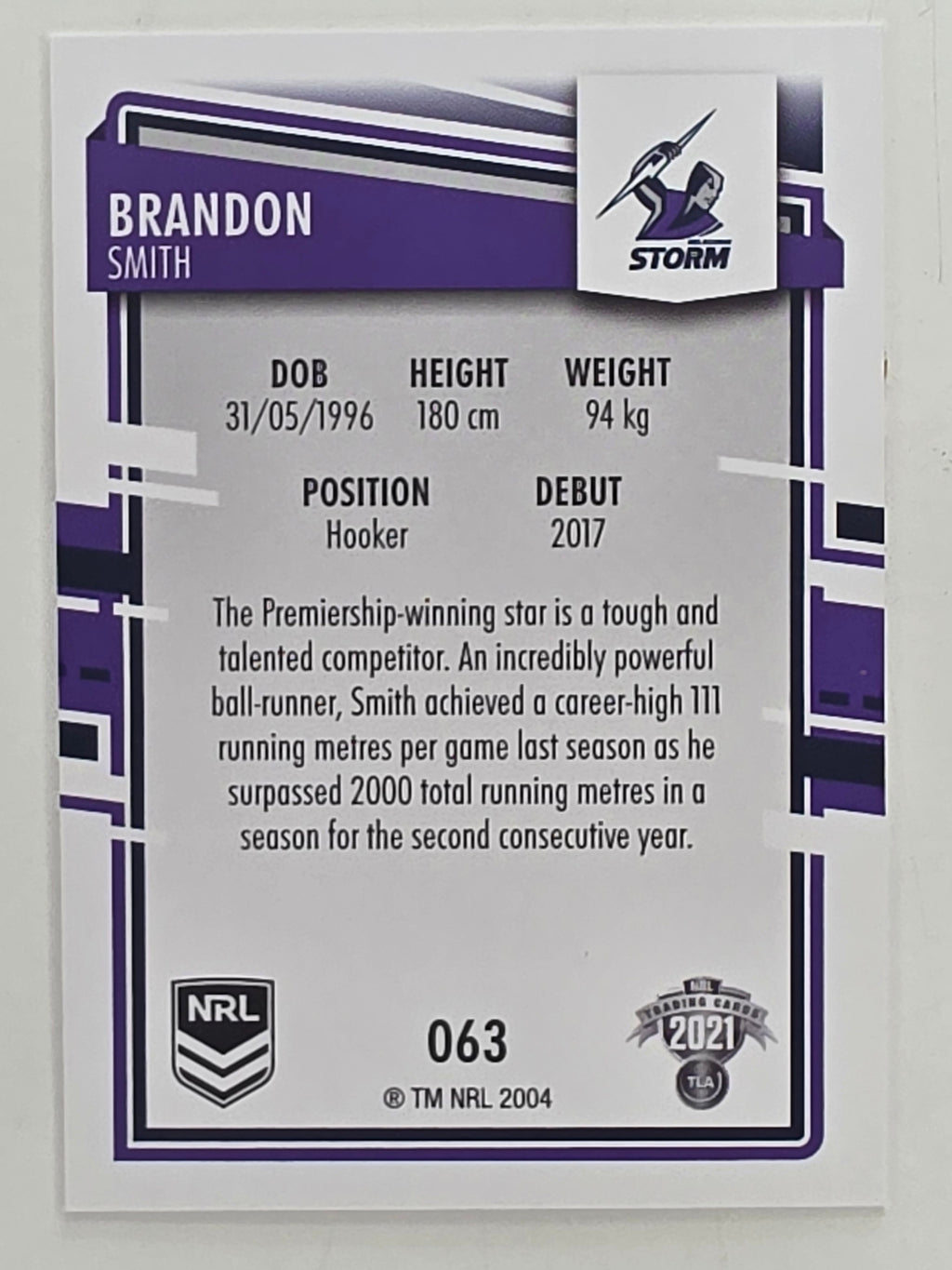 NRL 2021 Elite Base Card #063 Brandon Smith Melbourne Storm