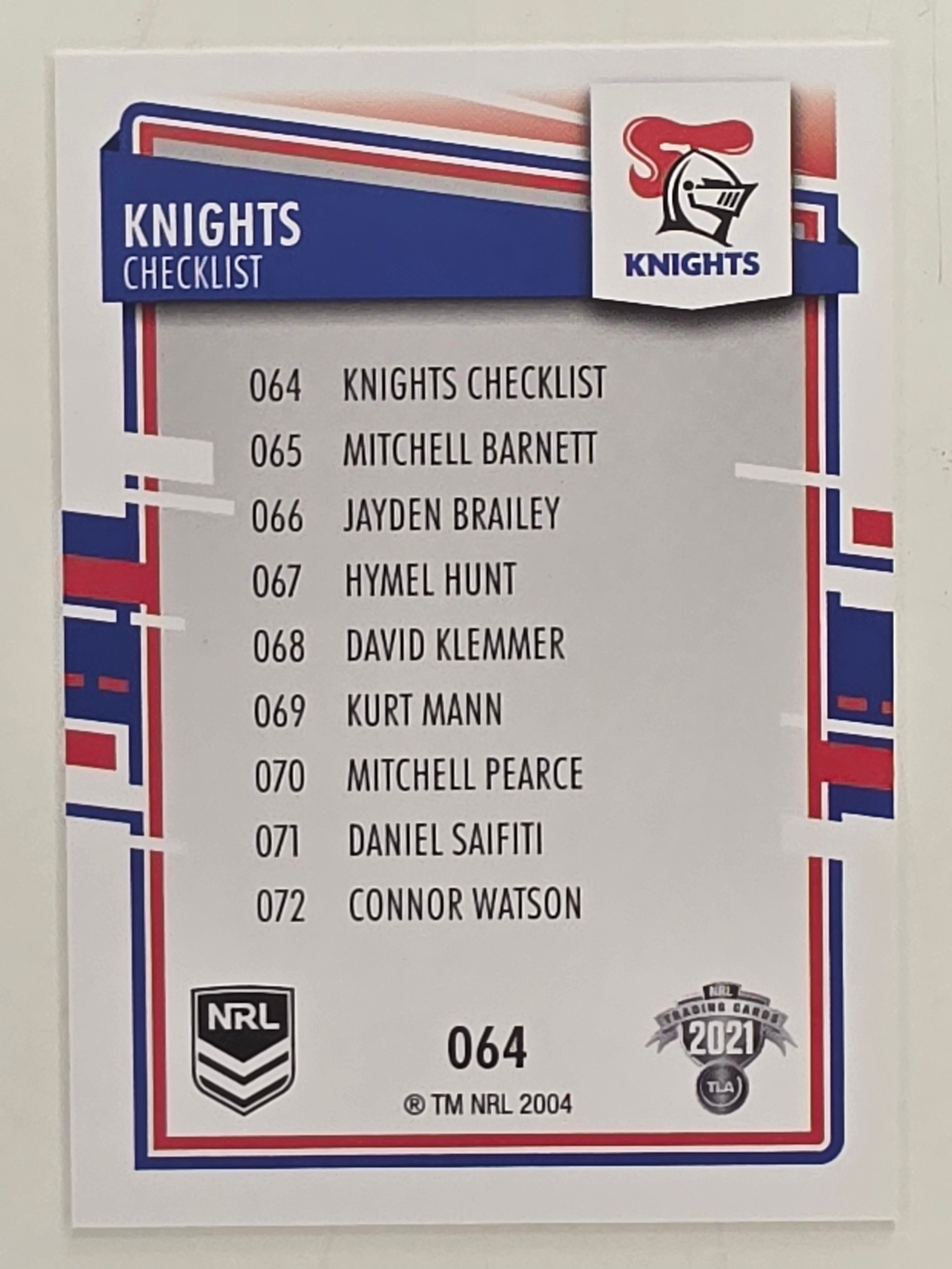 NRL 2021 Elite Base Card #064 Knights Checklist Newcastle Knights