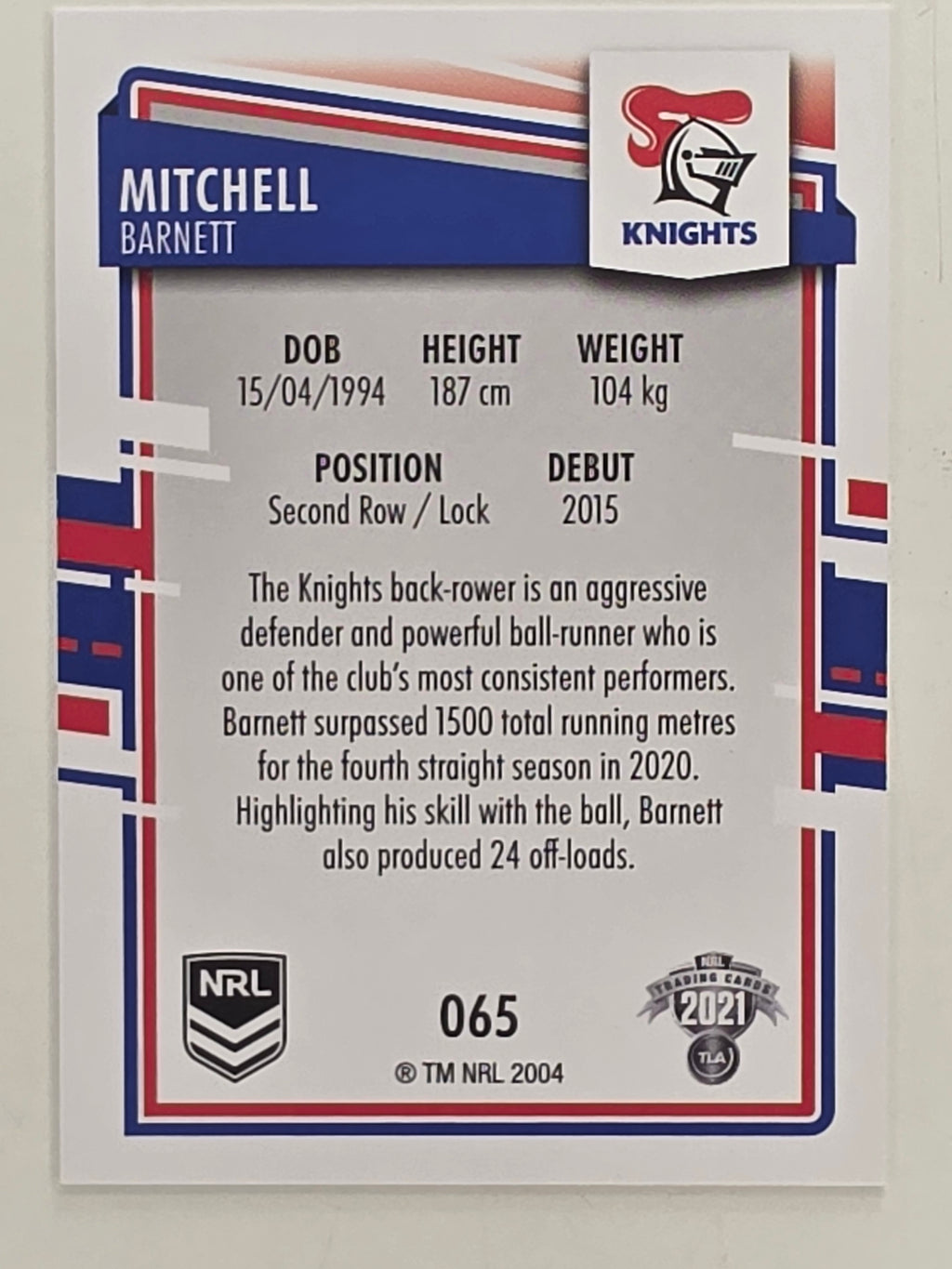 NRL 2021 Elite Base Card #065 Mitchell Barnett Newcastle Knights