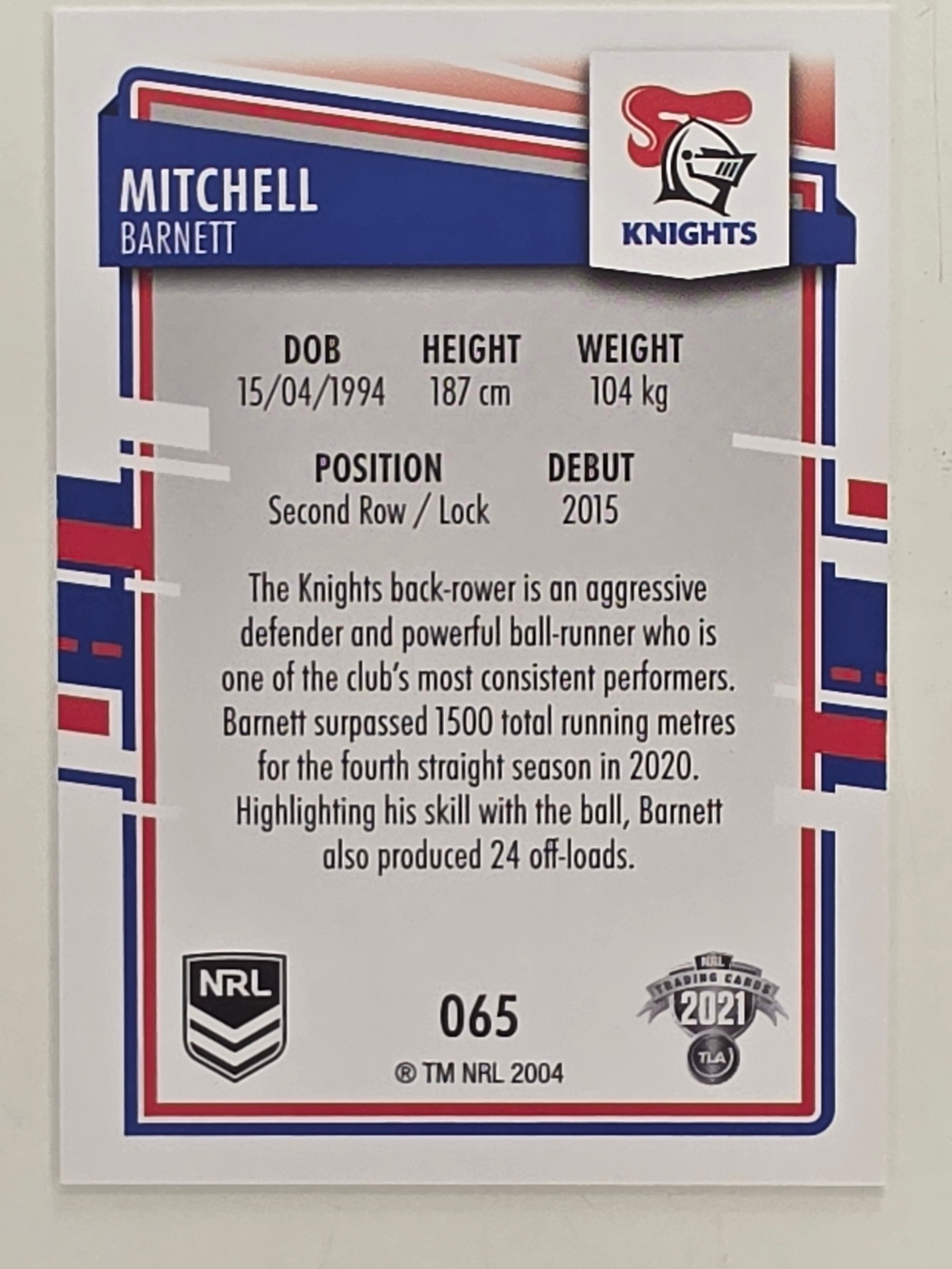 NRL 2021 Elite Base Card #065 Mitchell Barnett Newcastle Knights