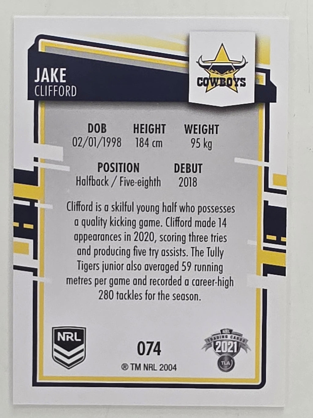 NRL 2021 Elite Base Card #074 Jake Clifford North Queensland Cowboys