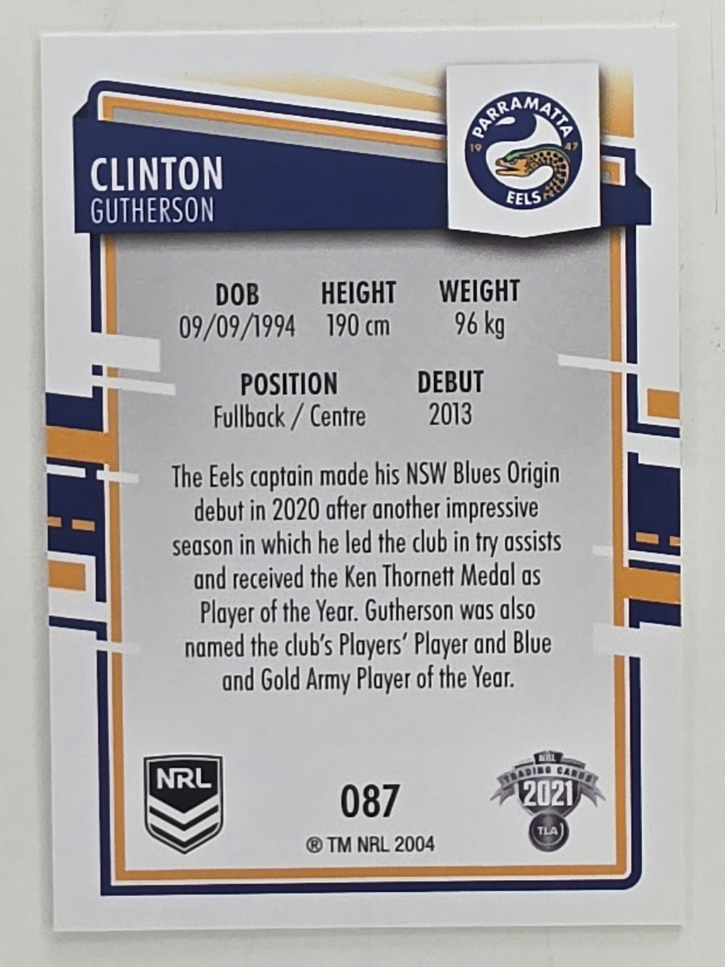 NRL 2021 Elite Base Card #087 Clinton Gutherson Parramatta Eels