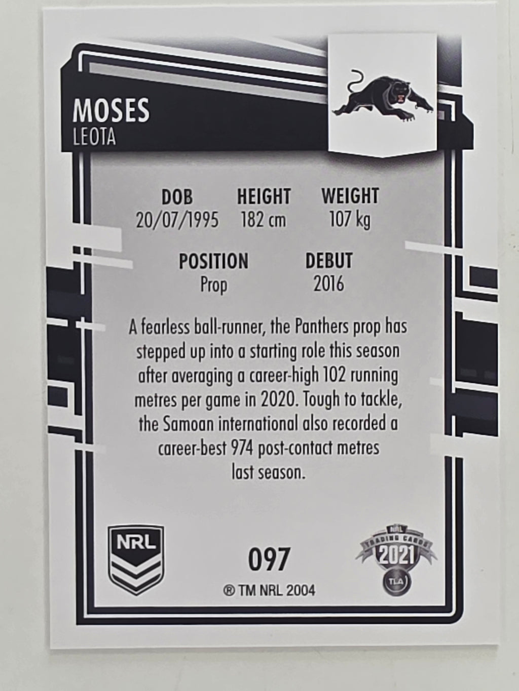 NRL 2021 Elite Base Card #097 Moses Leota Penrith Panthers