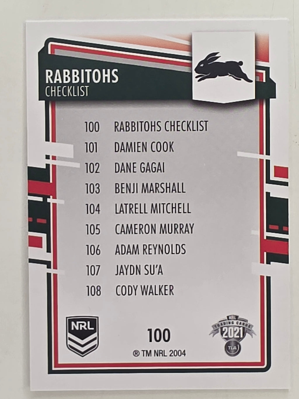NRL 2021 Elite Base Card #100 Rabbitohs Checklist South Sydney Rabbitohs