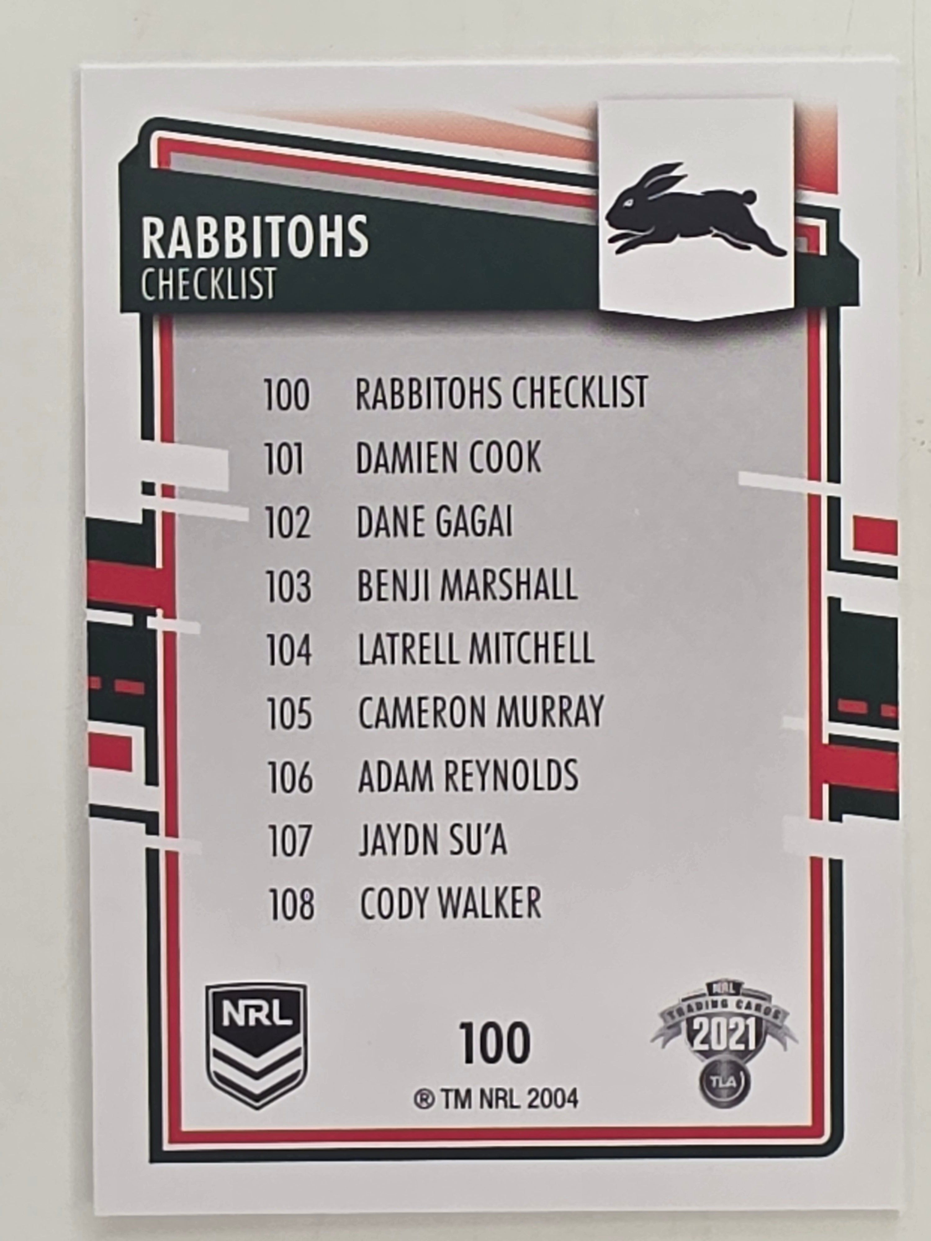 NRL 2021 Elite Base Card #100 Rabbitohs Checklist South Sydney Rabbitohs