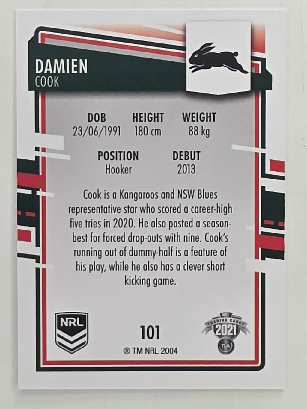 NRL 2021 Elite Base Card #101 Damien Cook South Sydney Rabbitohs