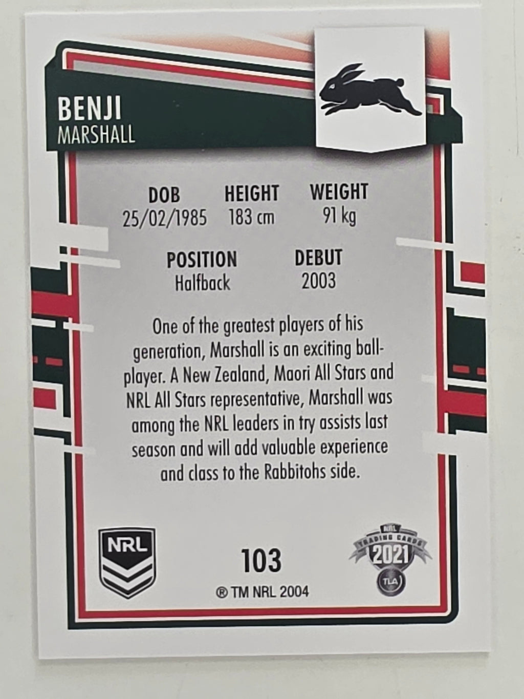 NRL 2021 Elite Base Card #103 Benji Marshall South Sydney Rabbitohs