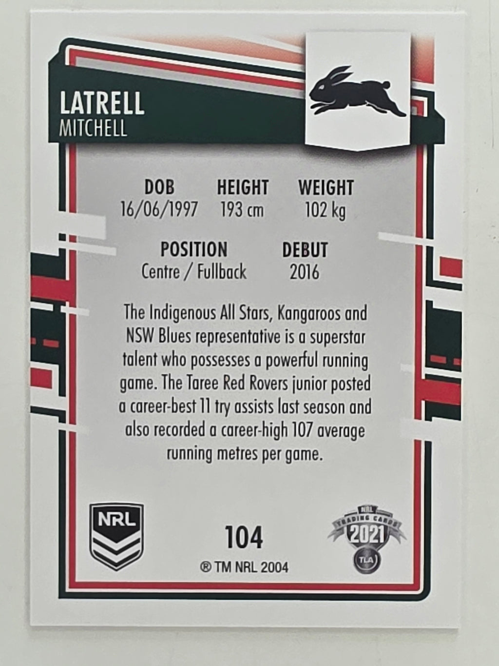NRL 2021 Elite Base Card #104 Latrell Mitchell South Sydney Rabbitohs