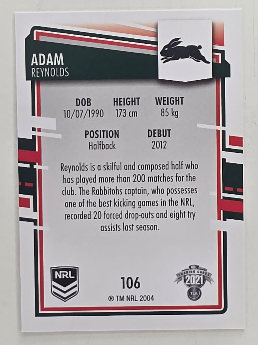 NRL 2021 Elite Base Card #106 Adam Reynolds South Sydney Rabbitohs