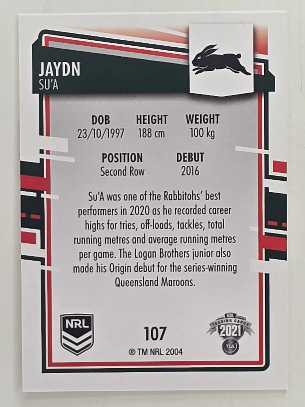 NRL 2021 Elite Base Card #107 Jaydn Su’a South Sydney Rabbitohs