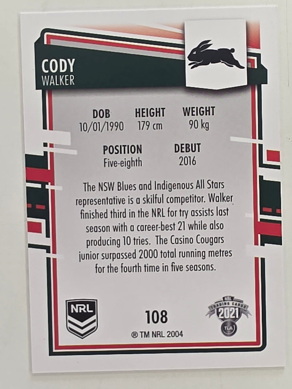 NRL 2021 Elite Base Card #108 Cody Walker South Sydney Rabbitohs