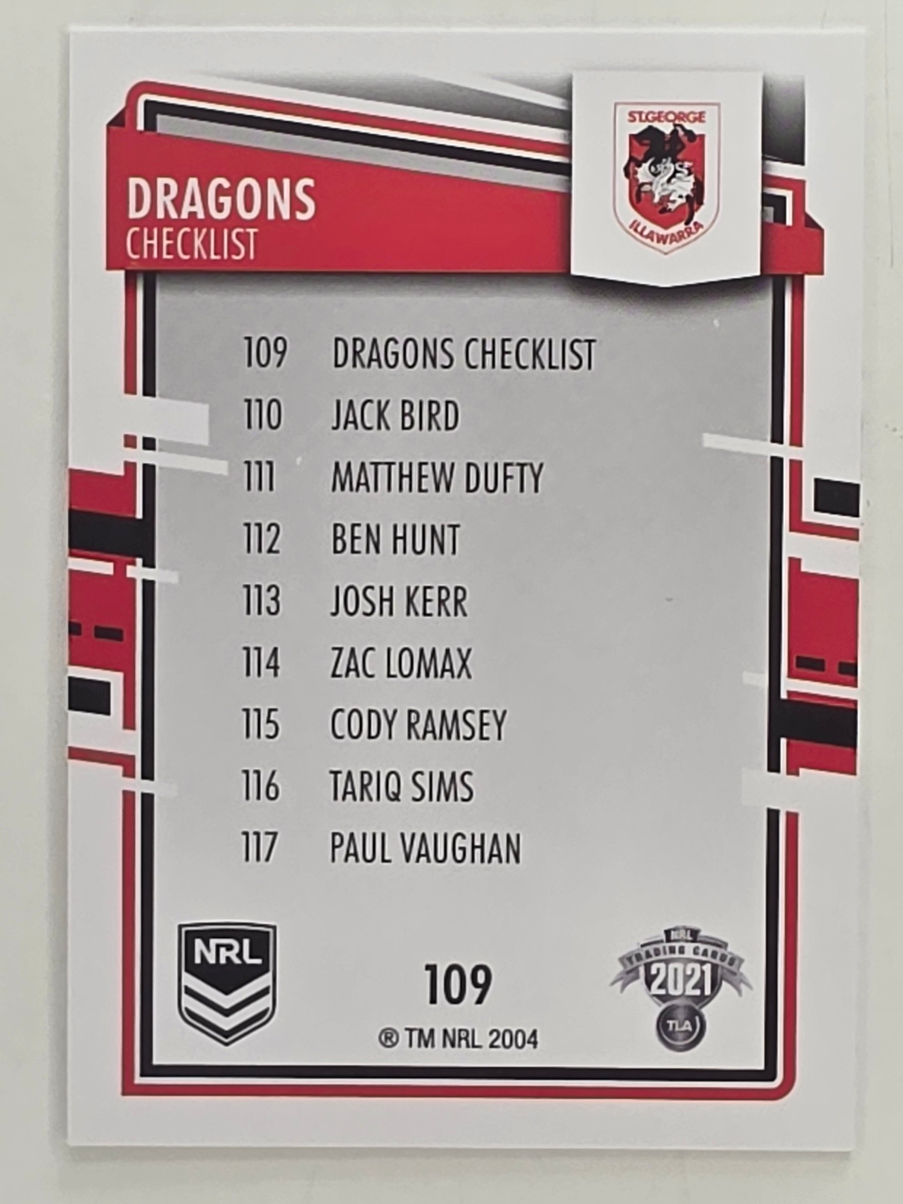 NRL 2021 Elite Base Card #109 Dragons Checklist St George Illawarra Dragons