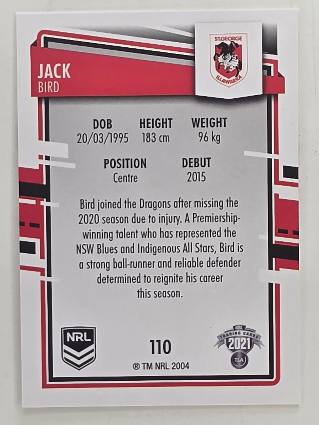 NRL 2021 Elite Base Card #110 Jack Bird St George Illawarra Dragons