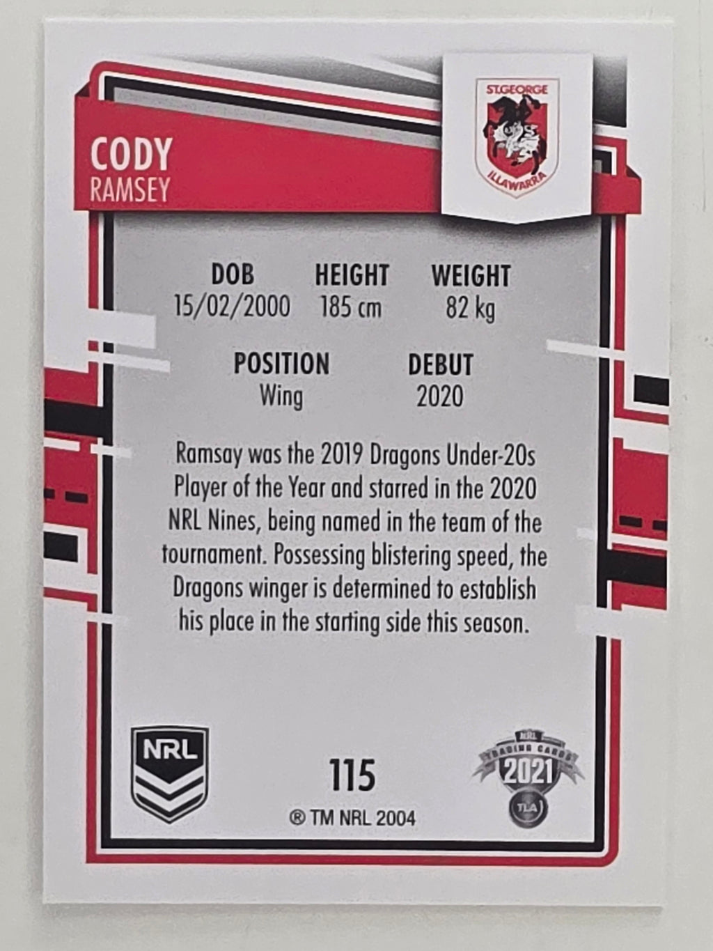 NRL 2021 Elite Base Card #115 Cody Ramsey St George Illawarra Dragons