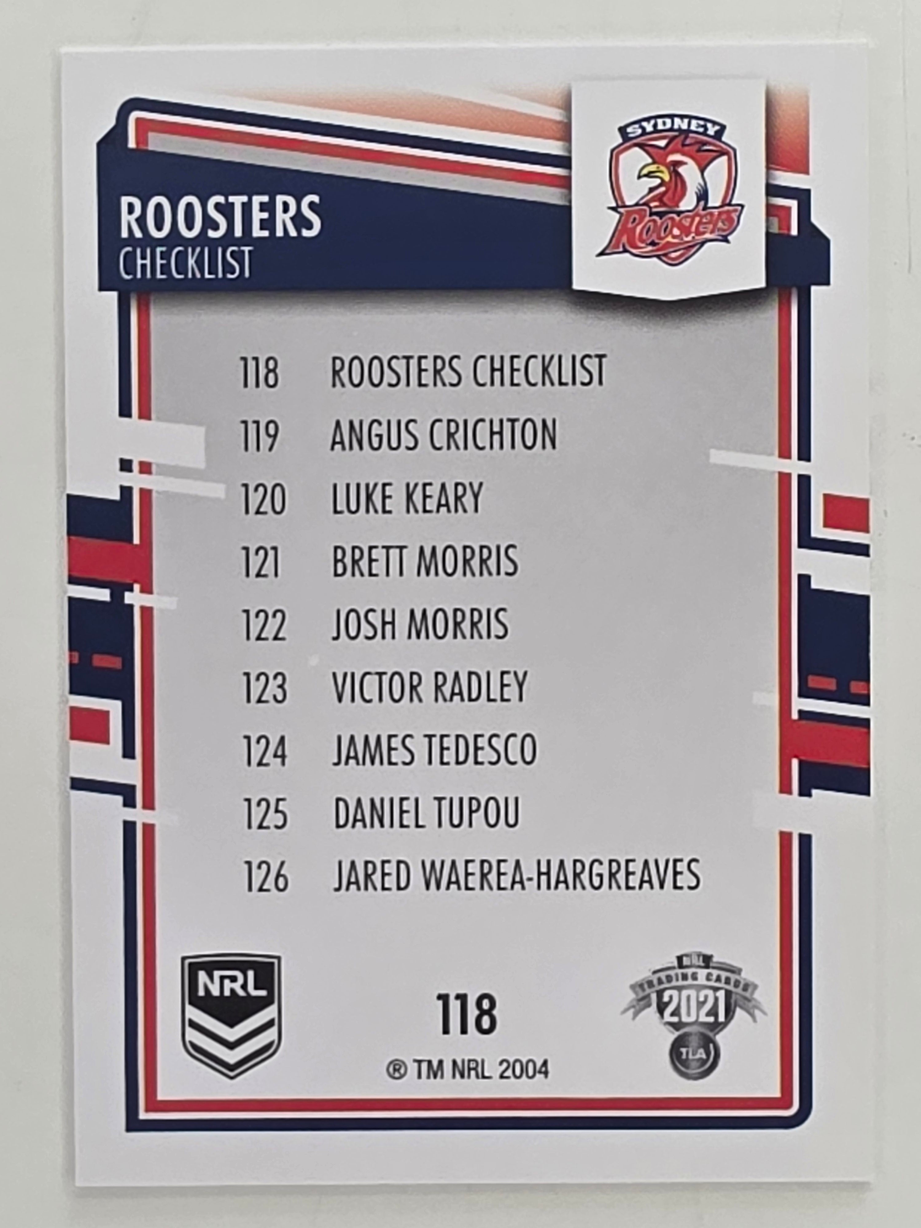 NRL 2021 Elite Base Card #118 Roosters Checklist Sydney Roosters