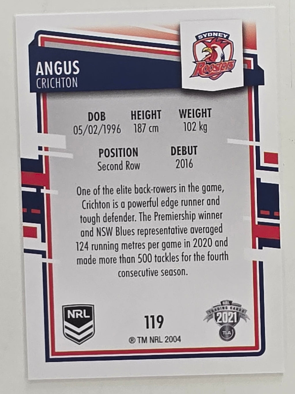 NRL 2021 Elite Base Card #119 Angus Crichton Sydney Roosters